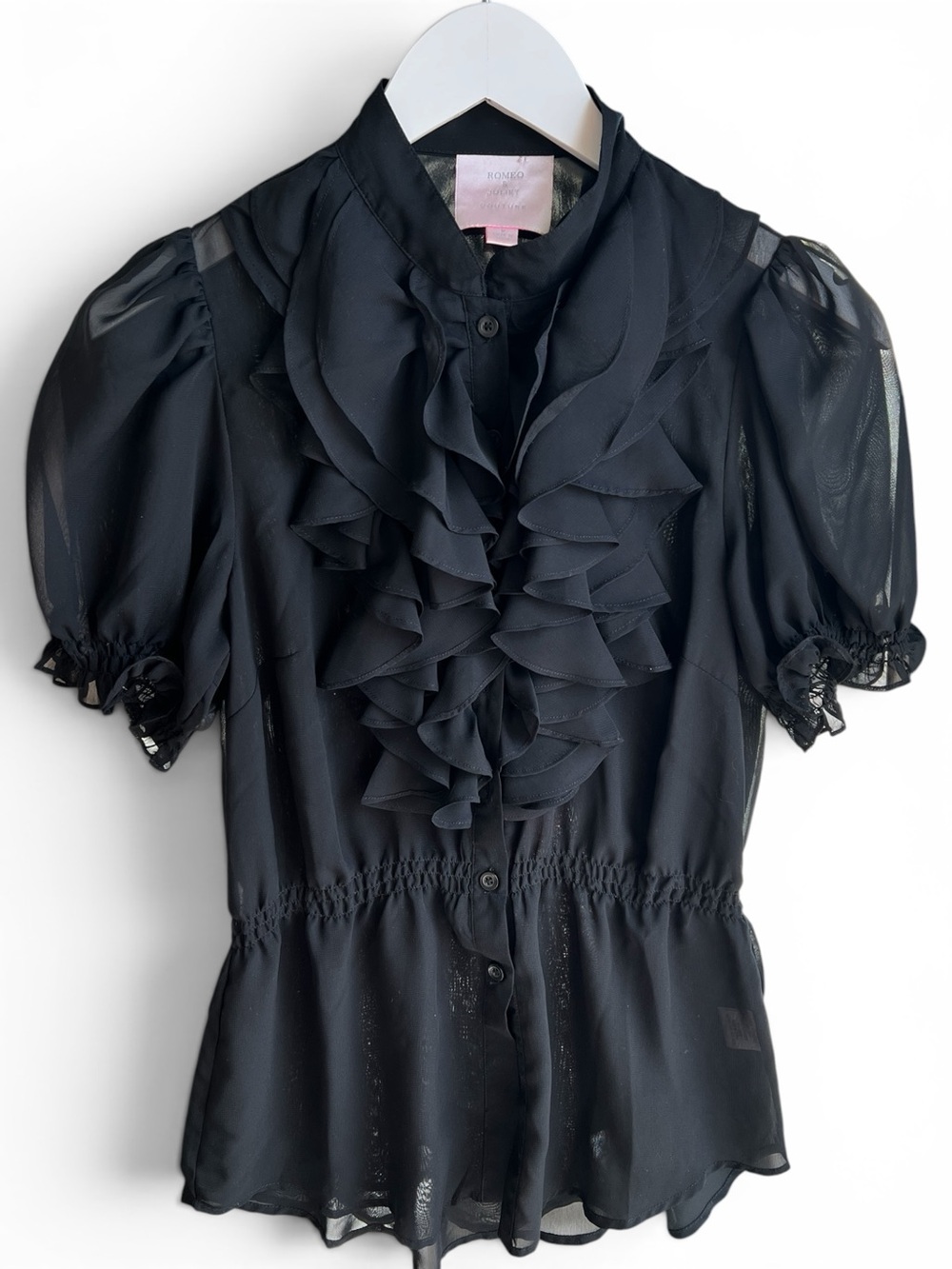 Romeo & Juliet Couture Sheer Black Ruffle Bib Puff Sleeve Blouse Size Medium